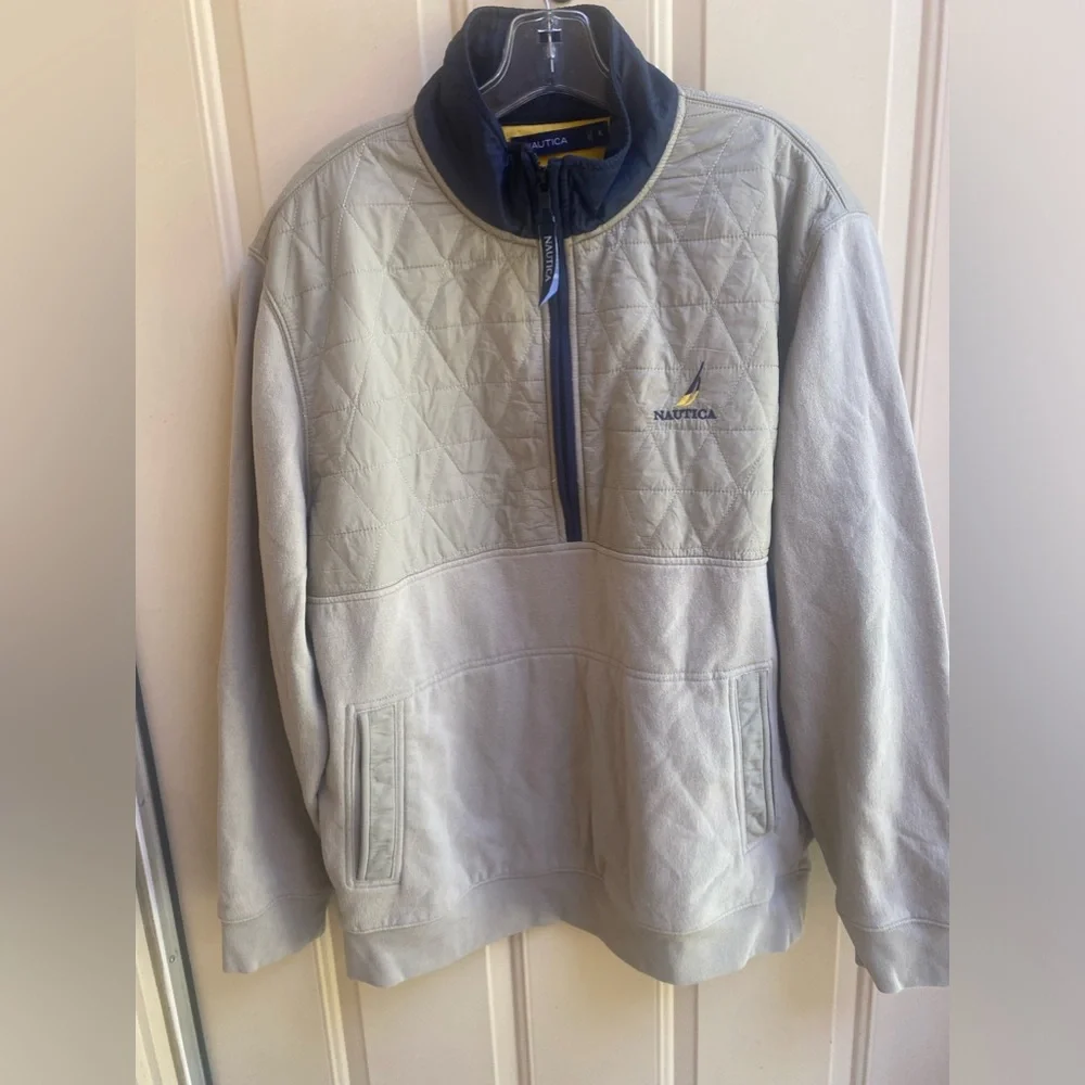 Nautica 3/4 Zip Pull Over Cotton/Nylon Beige Sz XL Logo on pull & Frnt. EUC